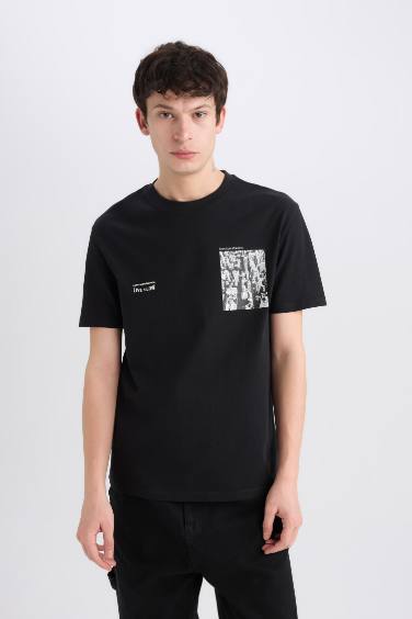 تيشيرت نص كم مطبوع من قطن قصة عادية برقبة مستديرة