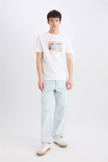 تيشيرت نص كم مطبوع من قطن قصة عادية برقبة مستديرة