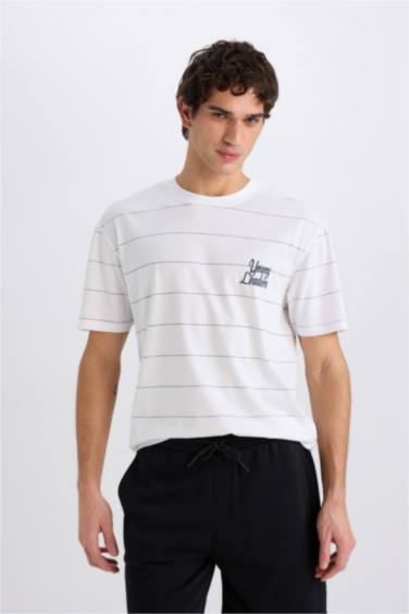 تيشيرت قطن اوفر سايز نص كم مطبوع برقبة مستديرة