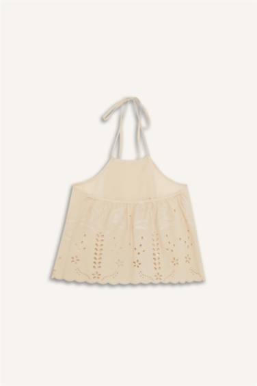 %100 Pamuk Regular Fıt Brode Boyundan Bağlamalı Bluz - Görsel 8