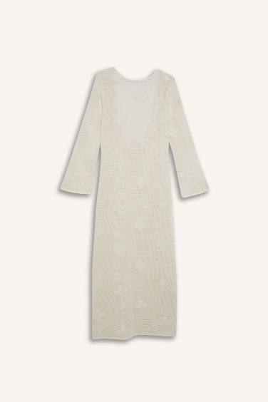 Regular Fit Uzun Kollu Dantelli Maxi Plaj Elbisesi-Fall in Love 