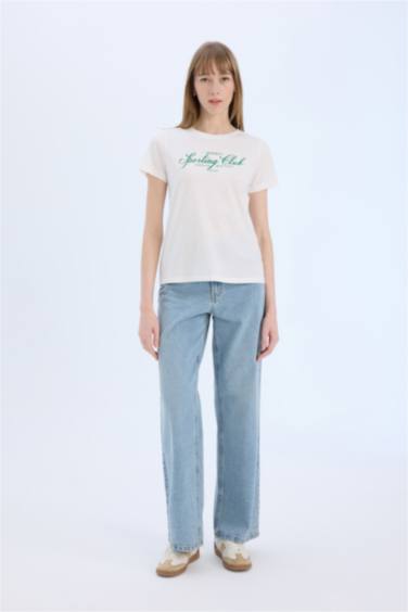 Regular Fit Slogan Printed Cotton Short Sleeve T-shirt