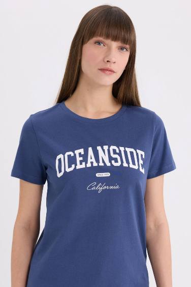 Regular Fit Crew Neck Slogan Printed Cotton T-Shirt