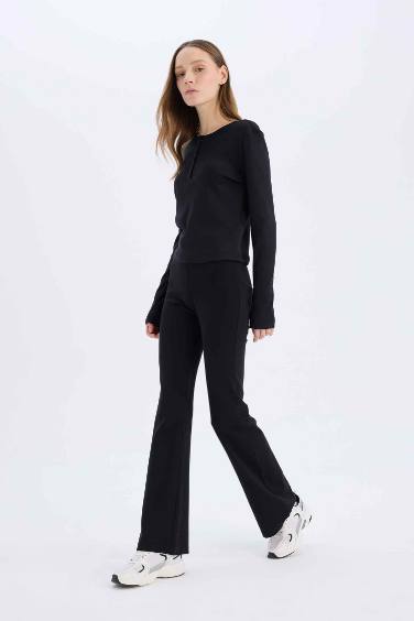 Flare Fit Flexible Waisted Spanish Leg Ribbed Trousers