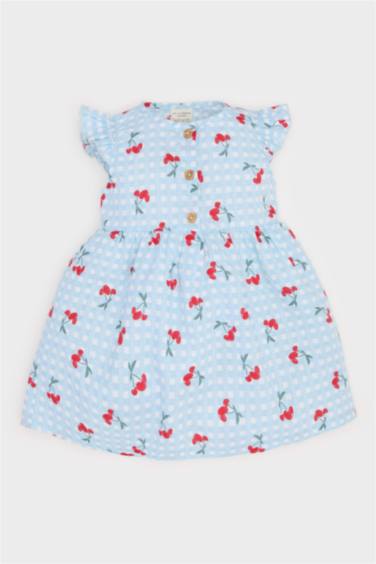 فستان بناتي نص كم بياقة مستديرة