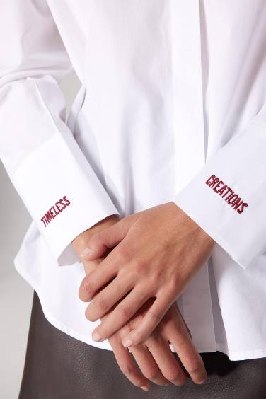 Sorbe x DeFacto Oversize Geniş Kalıp Pamuklu Baskılı Uzun Kollu Beyaz Gömlek