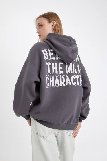 Antrasit Oversize Fit Geniş Kalıp Kapüşonlu Sırt Baskılı Kalın Sweatshirt