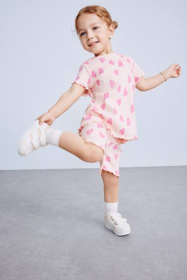 Girl Patterned Ribbed Camisole T-Shirt Shorts 2 Piece Set