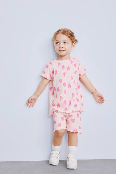 Girl Patterned Ribbed Camisole T-Shirt Shorts 2 Piece Set
