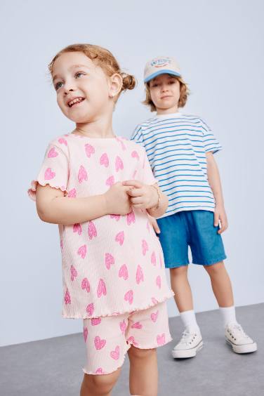 Girl Patterned Ribbed Camisole T-Shirt Shorts 2 Piece Set