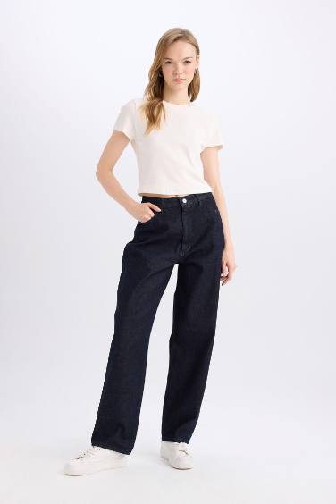 سروال جينز باجي فيت طويل بخصر عالي