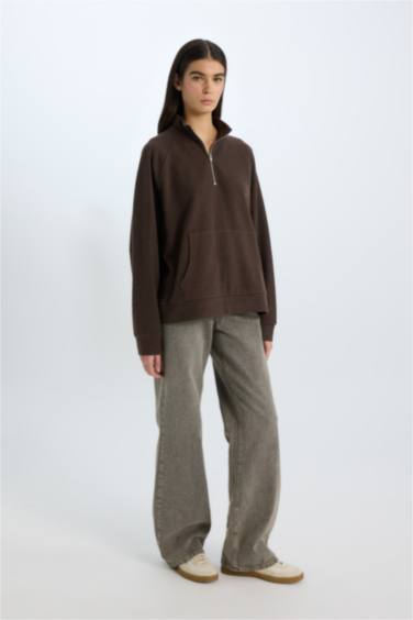 Oversize Geniş Kalıp Basic Düz Kanguru Cepli Fermuarlı Polo Yaka Sweatshirt