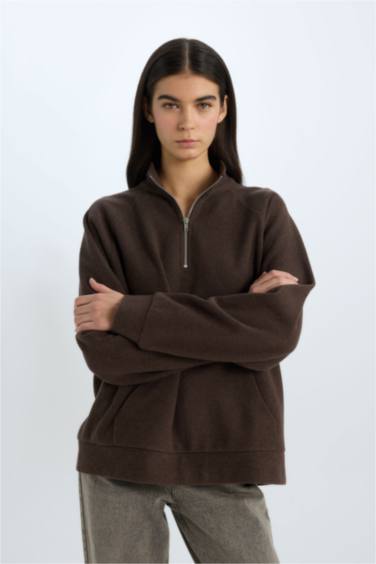 Oversize Geniş Kalıp Basic Düz Kanguru Cepli Fermuarlı Polo Yaka Sweatshirt