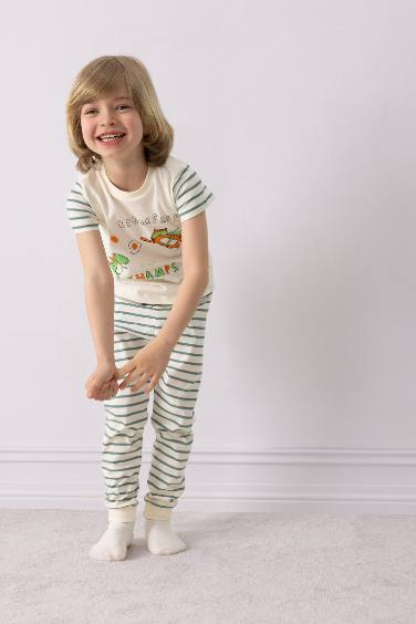Erkek Bebek Pijama Takımı Baskılı Kısa Kollu Penye Üst Çizgili Uzun Alt