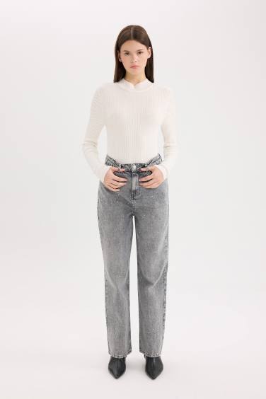 Straight Fit High Waist Ankle Length Washed Jeans