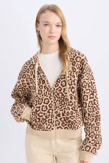 Loose Fit  Hooded Zippered Leopard Sweatshirt