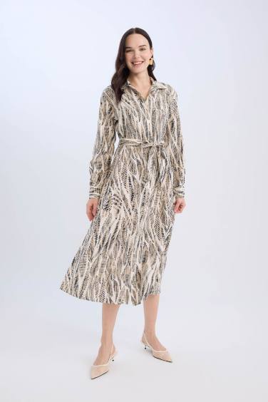 Regular Fit Desenli V Yaka Kuşaklı Uzun Kollu Maxi Elbise