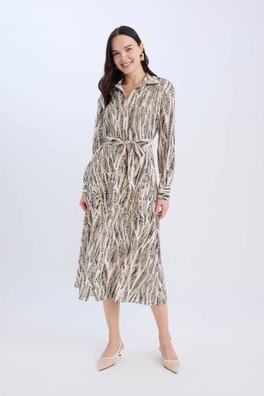 Regular Fit Desenli V Yaka Kuşaklı Uzun Kollu Maxi Elbise