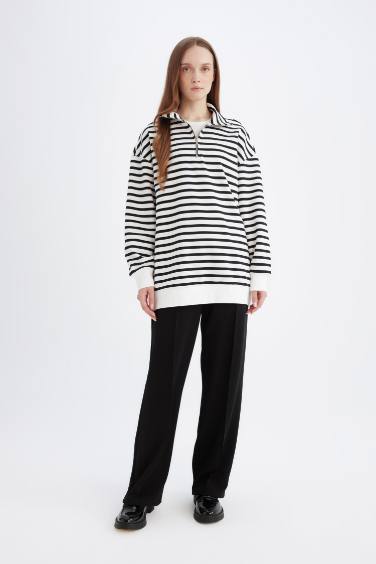 Relax Fit Dik Yaka Fermuarlı Çizgili İçi Yumuşak Tüylü Kalın Sweatshirt Tunik