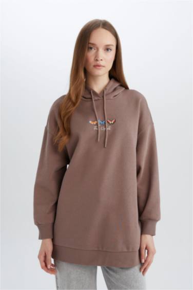 Relax Fit Kapüşonlu Baskılı İçi Yumuşak Tüylü Kalın Sweatshirt Tunik