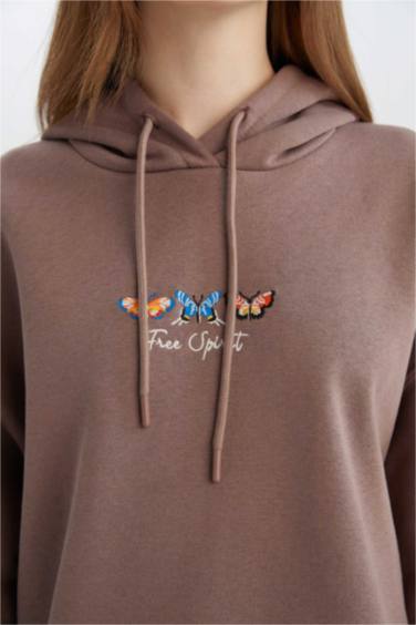 Relax Fit Kapüşonlu Baskılı İçi Yumuşak Tüylü Kalın Sweatshirt Tunik