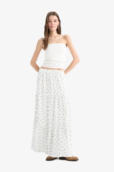 Floral Crinkle Viscose Cotton Lined High Waist Maxi Skirt