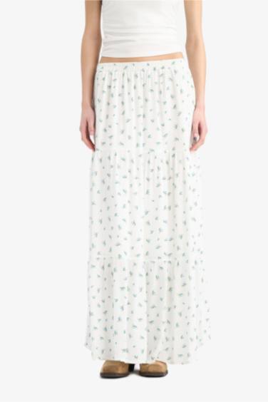 Floral Crinkle Viscose Cotton Lined High Waist Maxi Skirt