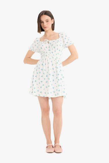 Square Neck Floral Crepe Short Sleeve Mini Dress