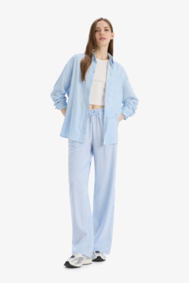 Wide Leg Striped Elastic Waist Linen Blend Trousers