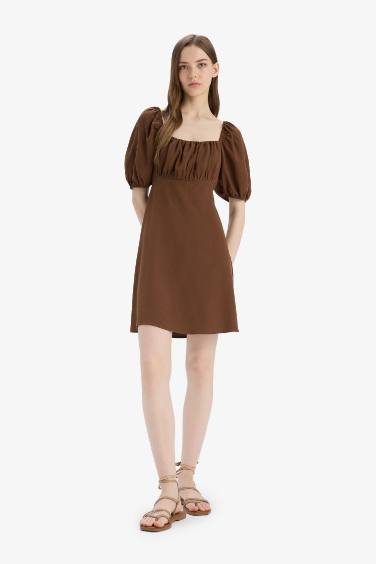 A Cut Square Neck Linen Midi Dress