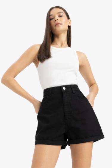 Mom Fit High Waist Double Leg Denim Shorts