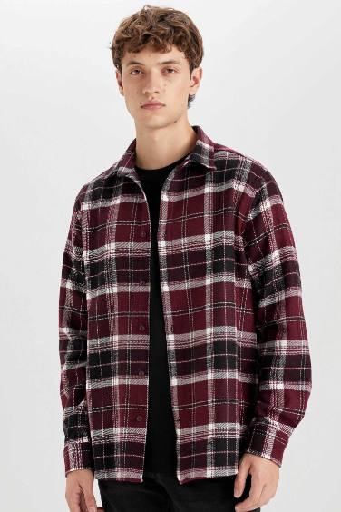 Regular Fit Polo Collar Plaid Flannel Long Sleeve Shirt