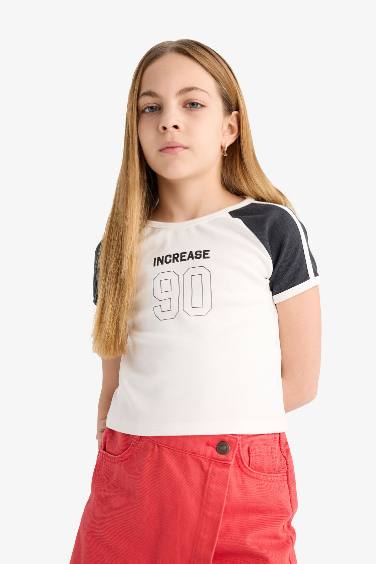 تيشيرت نص كم مضلع برقبة مستديرة