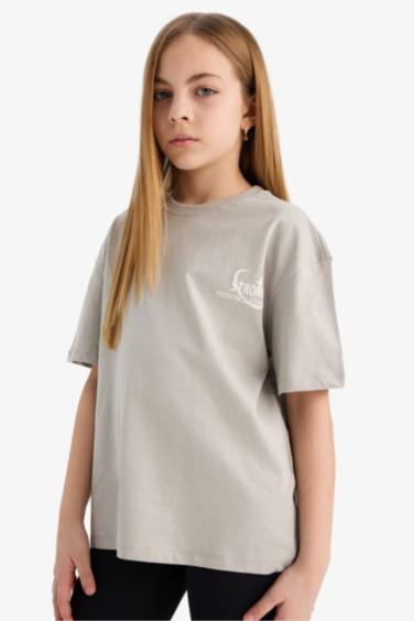 تيشيرت بنات نص كم مطبوع اوفر سايز برقبة مستديرة