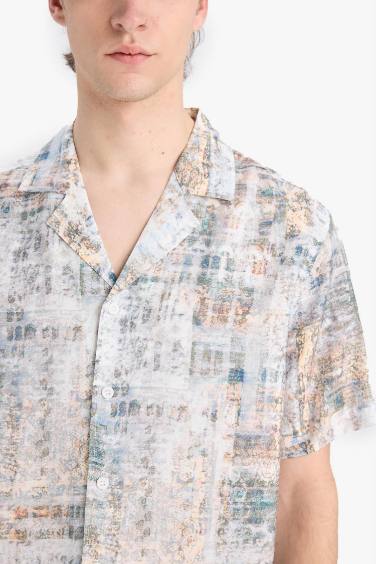 قميص نص كم قماش خفيف قصة عادية بياقة عالية