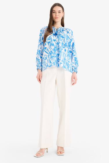 Relax Fit Laced Collar Patterned Long Sleeve Shirt Tunic