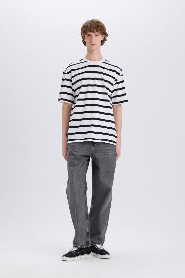 Cotton Boxy Fit Crew Neck Striped T-Shirt