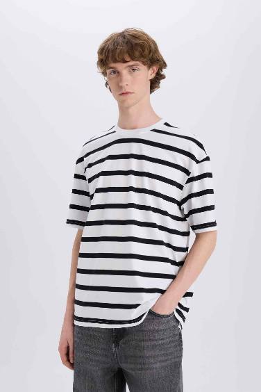Cotton Boxy Fit Crew Neck Striped T-Shirt