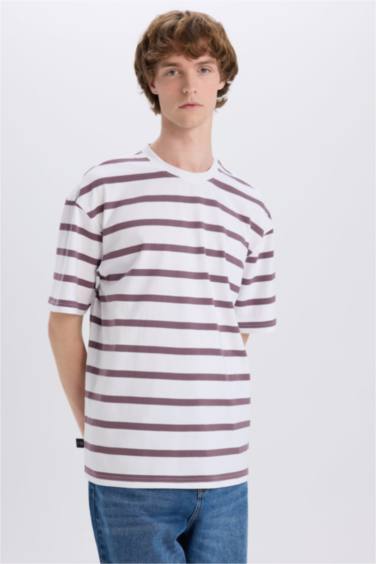Cotton Boxy Fit Crew Neck Striped T-Shirt