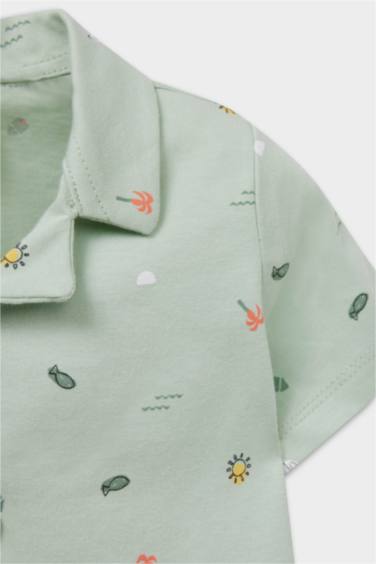 طقم بيجاما بيبي اولادي بطبعة بحر ممشط قصة عادية - قطعتين