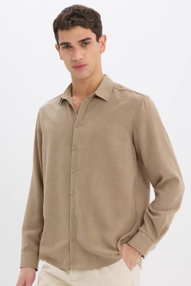 Regular Fit Polo Yaka Keten Görünümlü Uzun Kollu Gömlek