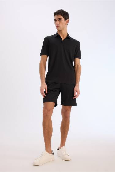 Slim Fit Dar Kesim Polo Yaka Dokulu Kısa Kollu Krinkıl Siyah Tişört