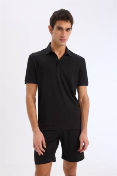 Slim Fit Dar Kesim Polo Yaka Dokulu Kısa Kollu Krinkıl Siyah Tişört