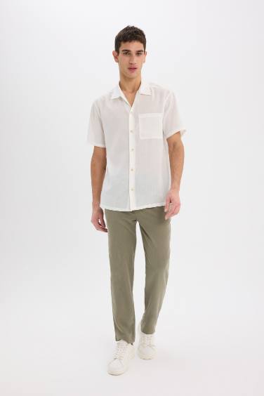 Relax Fit Polo Neck Linen Look Summer White Shirt