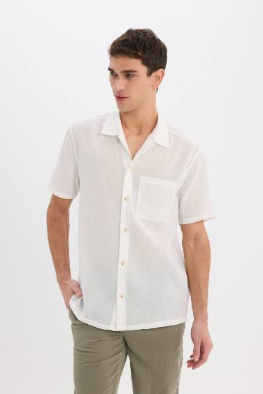 Relax Fit Polo Neck Linen Look Summer White Shirt