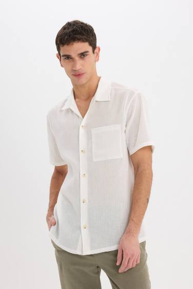 Relax Fit Polo Neck Linen Look Summer White Shirt