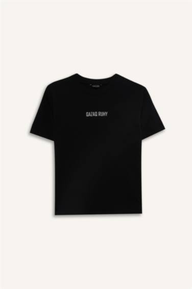 Ұлдарға арналған Regular Fit дөңгелек жағалы жазуы бар қысқа жеңді футболка