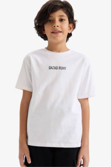 Regular Fit Bisiklet Yaka Slogan Baskılı Kısa Kollu Tişört Erkek Çocuk