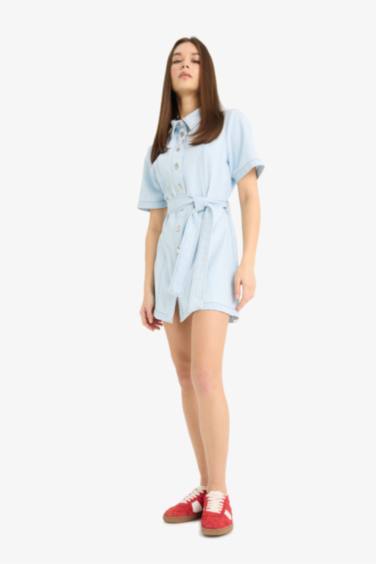 %100 Pamuk Polo Yaka Düğmeli Kuşaklı Kısa Kollu Mini Jean Elbise - Görsel 2