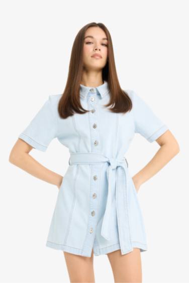 %100 Pamuk Polo Yaka Düğmeli Kuşaklı Kısa Kollu Mini Jean Elbise - Görsel 5